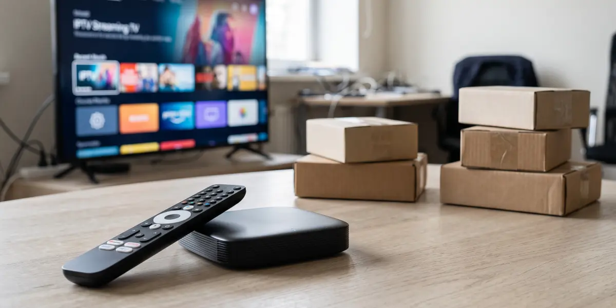 Set-top box e comando numa mesa em frente a uma televisão com uma interface de streaming, com caixas de envio ao fundo