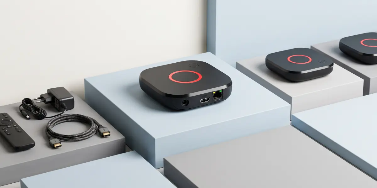 IPTV set-top boxes on pale display blocks next to a remote control, a power adapter and an HDMI cable