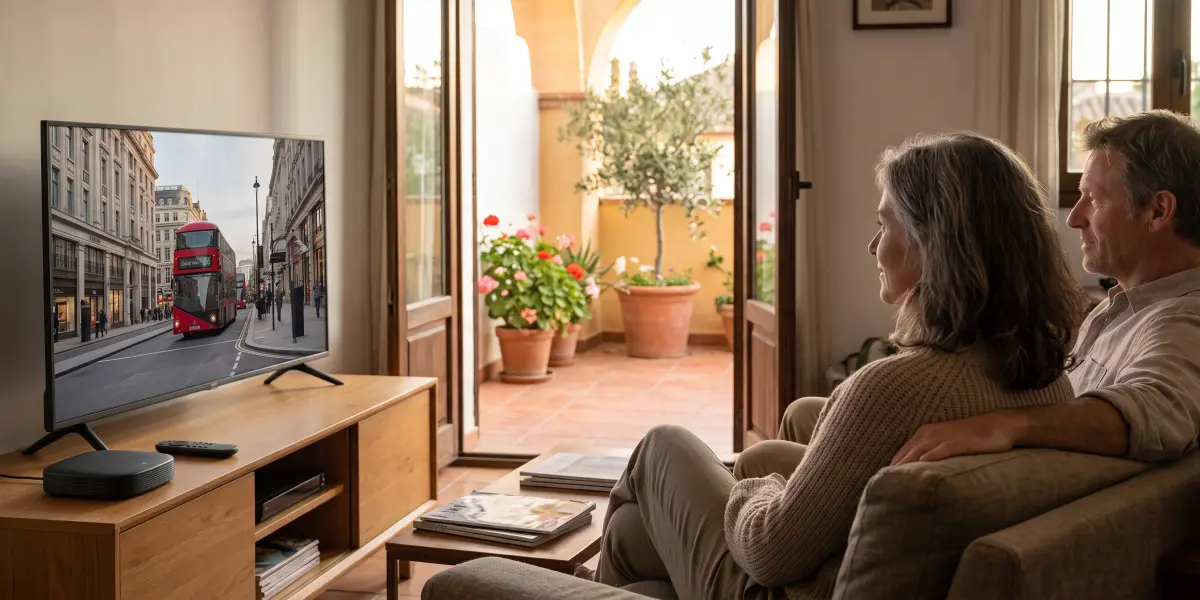 Couple watching a London street scene on TV in a sunny Spanish living room, with a set-top box on the TV stand