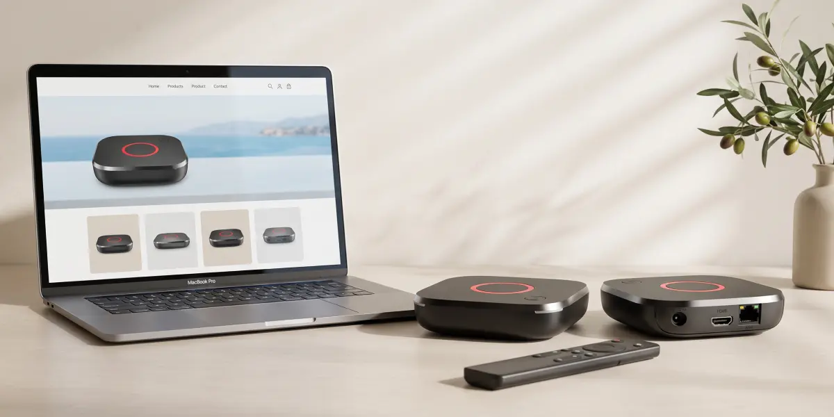 Dos set-top boxes IPTV y un mando a distancia junto a un portátil con una tienda online en pantalla