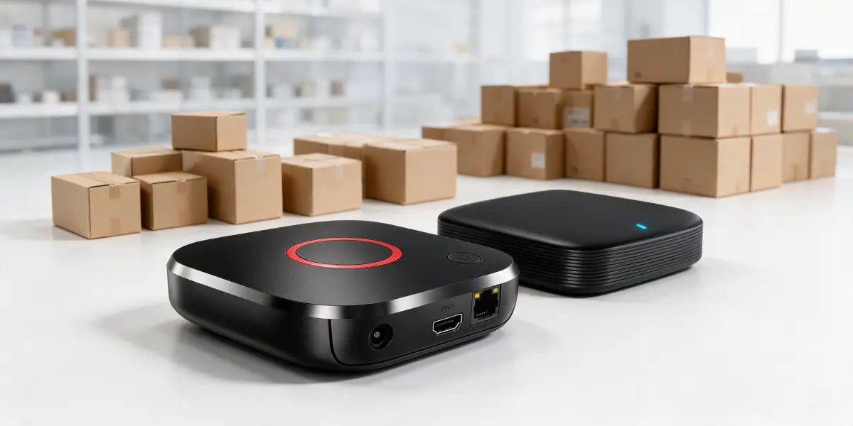 Zwei IPTV-Set-Top-Boxen auf einem weißen Tisch vor gestapelten Versandkartons in einem Lager