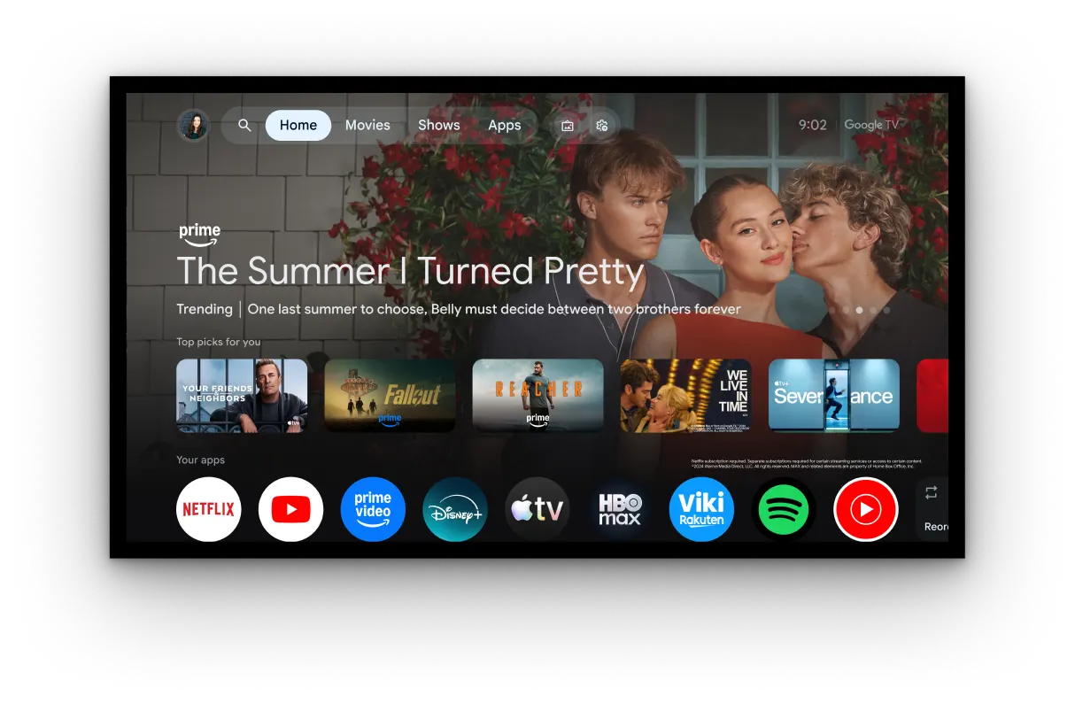 Google TV home screen with recommendations