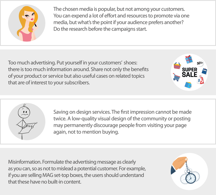 The chosen media is popular, but not among your customers. You can expend a lot of effort and resources to promote via one media, but what’s the point if your audience prefers another? Do the research before the campaigns start. Too much advertising. Put yourself in your customers’ shoes: there is too much information around. Share not only the benefits of your product or service but also useful cases on related topics that are of interest to your subscribers. Saving on design services. The first impression cannot be made twice. A low-quality visual design of the community or posting may permanently discourage people from visiting your page again, not to mention buying. Misinformation. Formulate the advertising message as clearly as you can, so as not to mislead a potential customer. For example, if you are selling MAG set-top boxes, the users should understand that these have no built-in content.